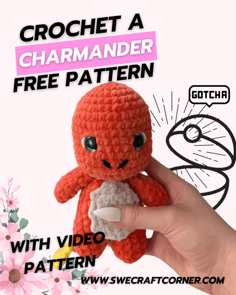 Crocheted Charmander pokemon plushie standing upright on a light pink background, with text overlay that says 'Crochet a Charmander, Free Pattern with written and Video